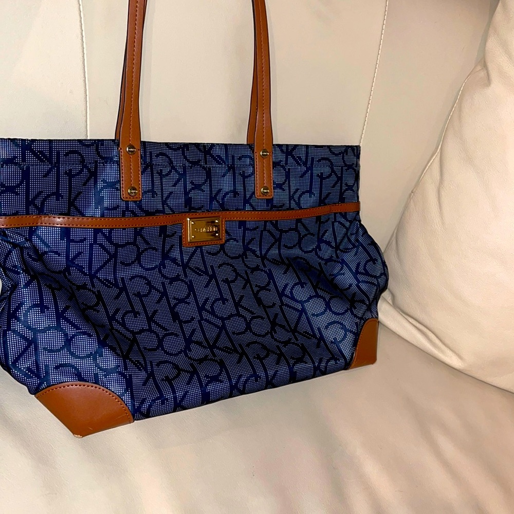 Calvin Klein Purse Shoulder Hand Bag Blue Brown Gold